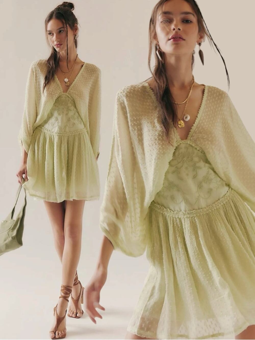 Free People Bohemian Ethereal Cottage Sweet Dreams Mini Dress Frozen Dew Size XL